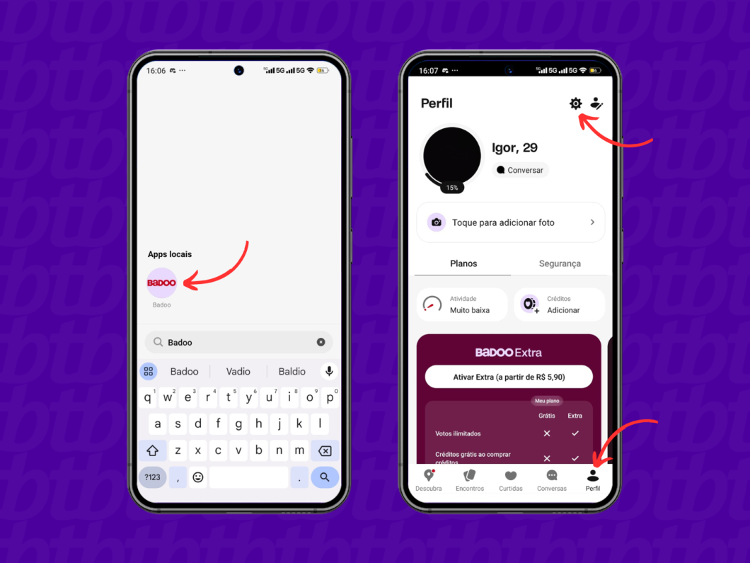 Entrando nas configurações de perfil do Badoo